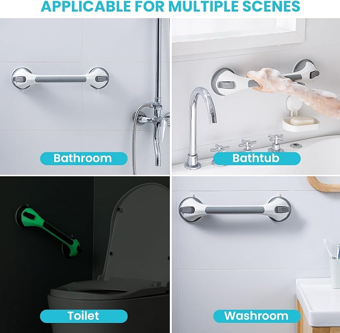 TAILI Shower Grab Bar Glow in The Dark, 2 Pack 16.8 in Grab Bars for Bathtubs and Showers,Shower Handles Rails for Seniors and Elderly,Bathroom Safety Grip Removable No Drilling Waterproof Grey,G9