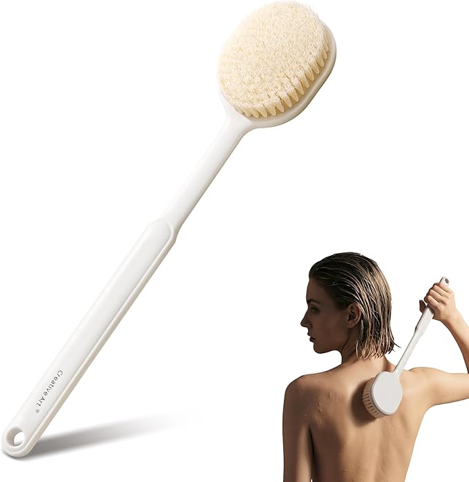 Back Scrubber for Shower for Women Men, Body Brush with Long Handle, Exfoliating Bath Washer with Soft Bristles, Body Exfoliator for Wet or Dry Brushing, Back Scrub Deep Cleaning, White