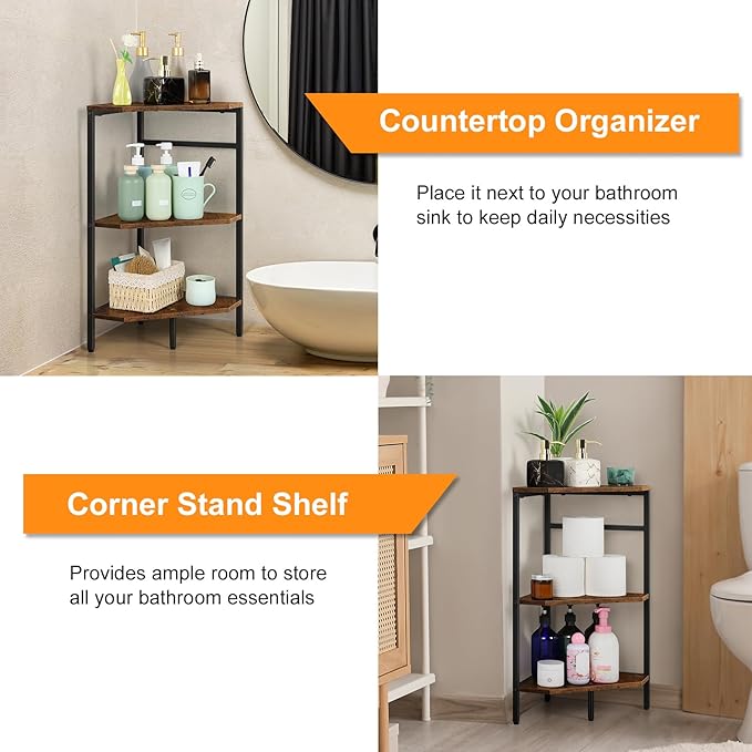 Pedestal Sink Storage, 2 Pack Under Sink Organizer Shelf for Bathroom 3 Tier Wooden Corner Shelves Standing Under Vanity Storage Shelf for Small Space, Bathroom Organizers and Storage Rack, Brown