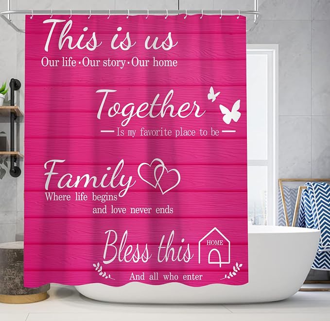 4Pcs Family Shower Curtain Sets with Non-Slip Rugs, Toilet Lid Cover and Bath Mat, Pink Home Bathroom Decor Set Accessories Waterproof Shower Curtains with 12 Hooks, 72 x 72 Inch