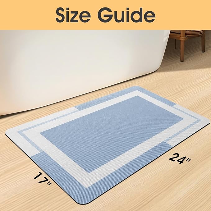 ACCUMTEK Non Slip Bath Mat, Thin Bathroom Rugs Fit Under Door, Quick Dry Bath Mats, Machine Washable Bath Rugs for Bathroom, Bathtub & Kitchen, Bathtub & Kitchen, Blue/Bordered/24 x17