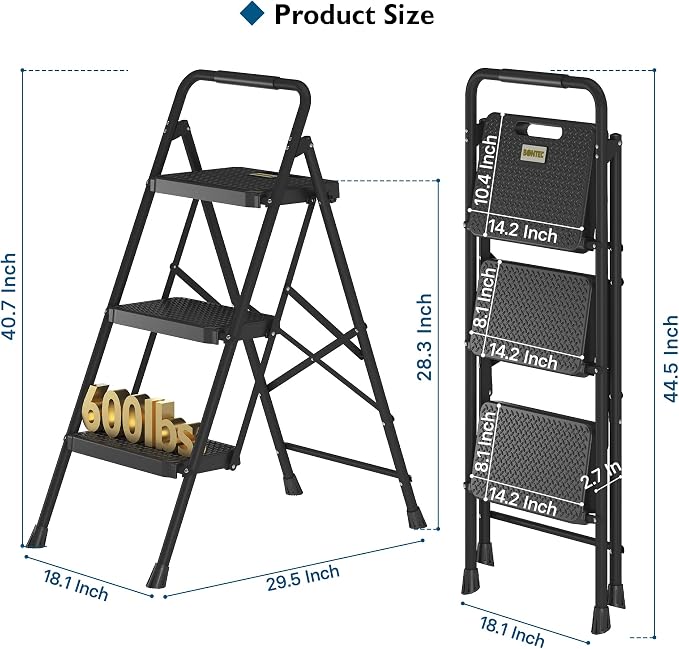 BONTEC 3-Step Ladder, Folding Step Stool, 600lbs Max Load Capacity, Sturdy Steel, Non-Slip Pedals, Lightweight, Portable Steel Ladder with Convenient Handrail, Safety Design for Home & Work, Black