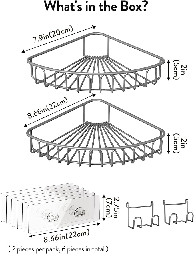 Orimade Corner Shower Caddy with 2 Hooks Wall Mounted Metal Bathroom Shelf Storage Organizer Adhesive No Drilling 2 Pack, Grey Only for 90-Degree Corner