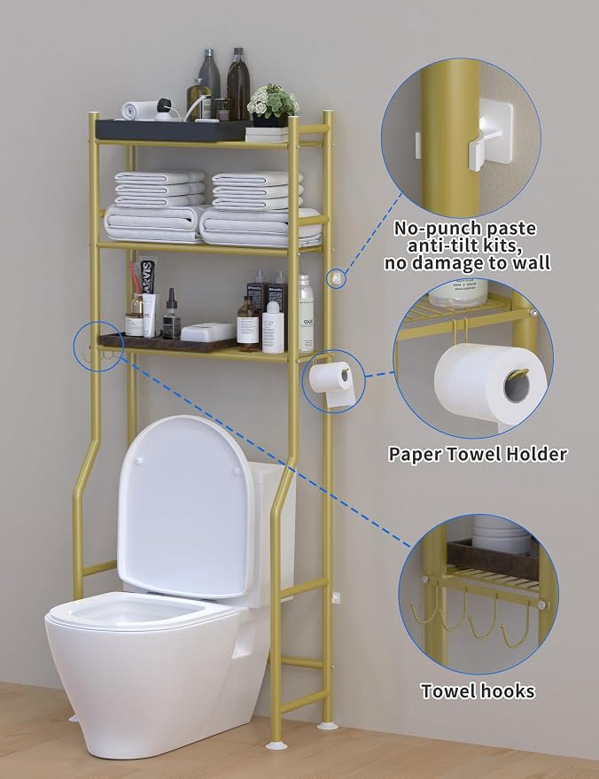 Livilord 3-Tier Over The Toilet Storage, Freestanding Metal Bathroom Shelves with 4 Hooks, Over Toilet Storage Shelf with Paper Holder, Above The Toilet Shelf for Bathroom Storage, Gold
