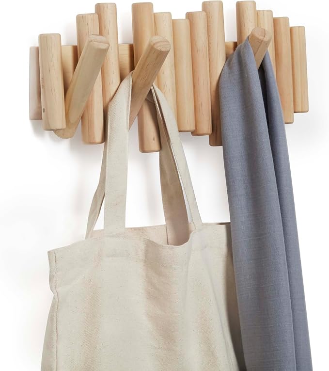 Umbra Picket Wall-Mounted Coat Rack Rail Hook with 5 Retractable Wood Pegs – Modern, Space-Saving Storage Organizer, Natural (Pack of 3)