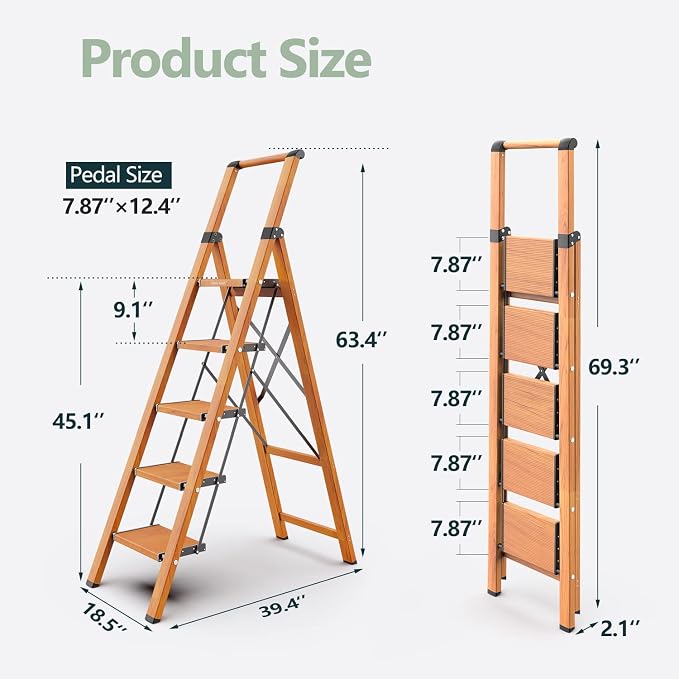 WOA WOA 5 Step Ladder, Ladders for Home, Anti-Slip Pedals, Aluminum Step Stool Foldable, Lightweight to Move, Ease of Storage, Reach 10ft for Closet Kitchen Library, Hold 300lbs - Wood Grain