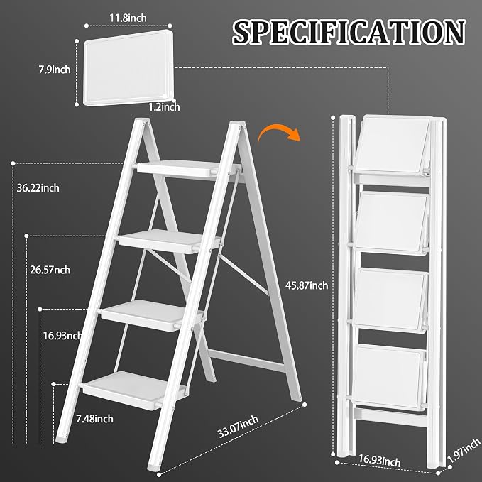 DIAMONDFORGE 4 Step Ladder, Folding Step Stool with Anti-Slip Wide Pedal, Anti-Slip Feet, Sturdiest Steel Construction, 330lbs Capacity Steel Ladder for Home and Office, White