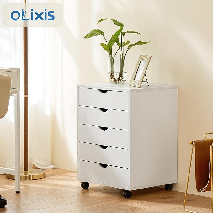 OLIXIS 5 Drawer Mobile File Cabinet Under Desk Storage Organization with Wheels Vertical Filing Chest Rolling Wood Small Desk Printer Stand for Home Office, 15.75"D x 18.74"W x 25.39"H, White