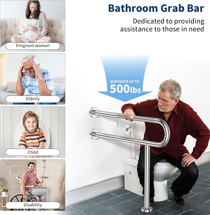 Toilet Grab Bar with Leg 31.5x28 Inch, ZUEXT Brushed Nickel Knurled Toilet Support Bar with Toilet Paper Holder,Stainless Steel Wall & Floor Mounted Bathroom Support Rail for Elderly Disabled Pregnant