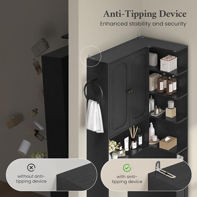 7-Tier L-Shaped Over the Toilet Storage Cabinet with Doors, 2 Large Drawers, Tissue Holder & Towel Holder, Bathroom Over Toilet Storage Cabinet with Adjustable Shelf for Bathroom, Black