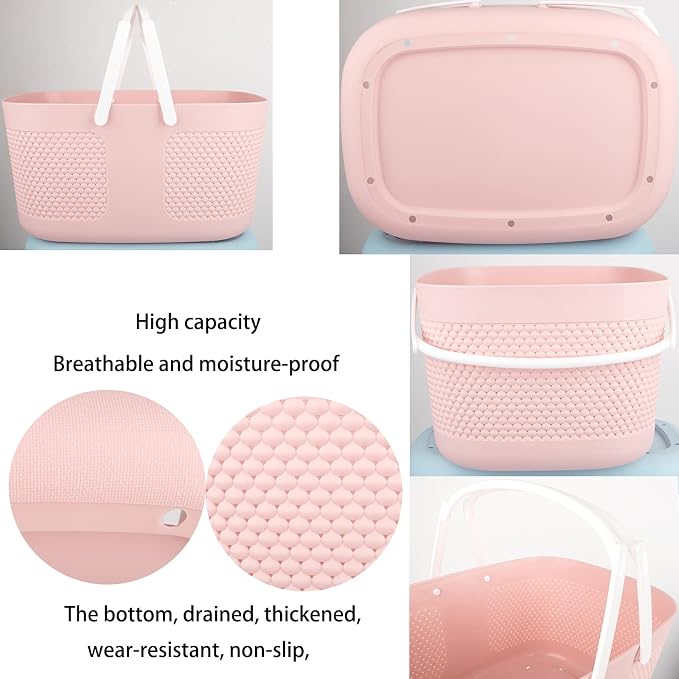 Shower Caddy Basket, Portable Large Capacity Thickened Plastic Organizer Storage Tote with Handles Drainage Toiletry Bag Bin for Bathroom, College Dorm Room Essentials, Kitchen, Camp, Gym, Pink