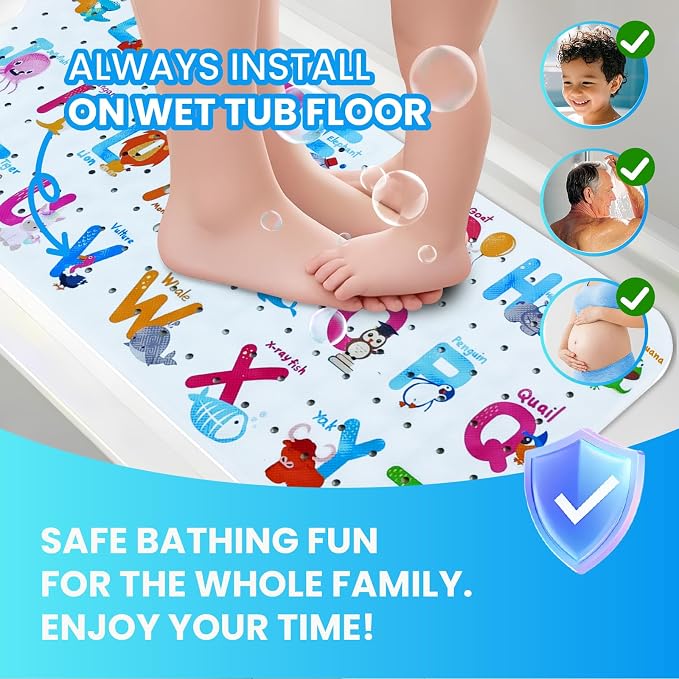 Baby Bath Tub Mat, Extra Large Non Slip Kids Cartoon Bathtub Shower Mats with Suction Cups & Drain Holes, Machine Washable for Bathroom, 40 x 16 Inch, Alphabet Animals Pattern
