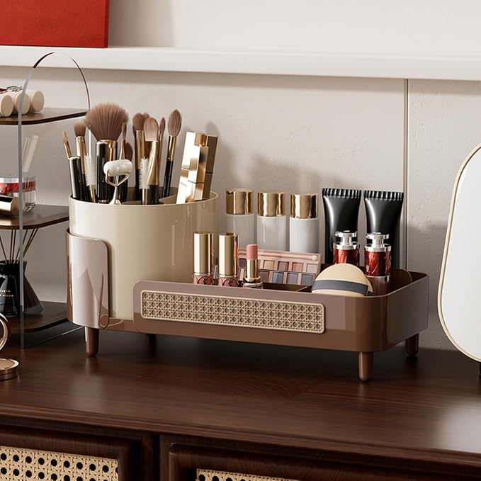 Booklov Rotating Makeup Caddy Organizer for Vanity, Large Capacity Cosmetic Display Case, Countertop Beauty Storage Holder for Skincare, Brush Eyeliner Lipstick, Counter Table Organization, Coffee