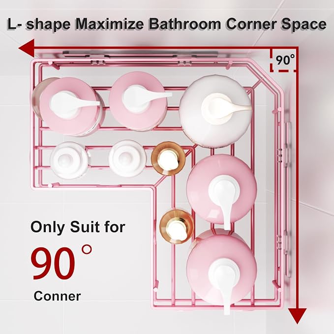 Liuoud Corner Shower Caddy 5 Pack, Rustproof Stainless Steel Shower Organizer with Soap Rack Toothbrush Holder, Large Capacity Adhesive No Drilling Bathroom Kitchen&Home Decor Set, Pink