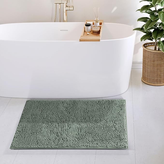 Hearth & Harbor Bathroom Rugs, Chenille Bath Mat - Machine Washable Bath Mats for Bathroom Non-Slip Backing Rubber, Quick Dry Bathroom Mat, 20 x 32 - Ice Green