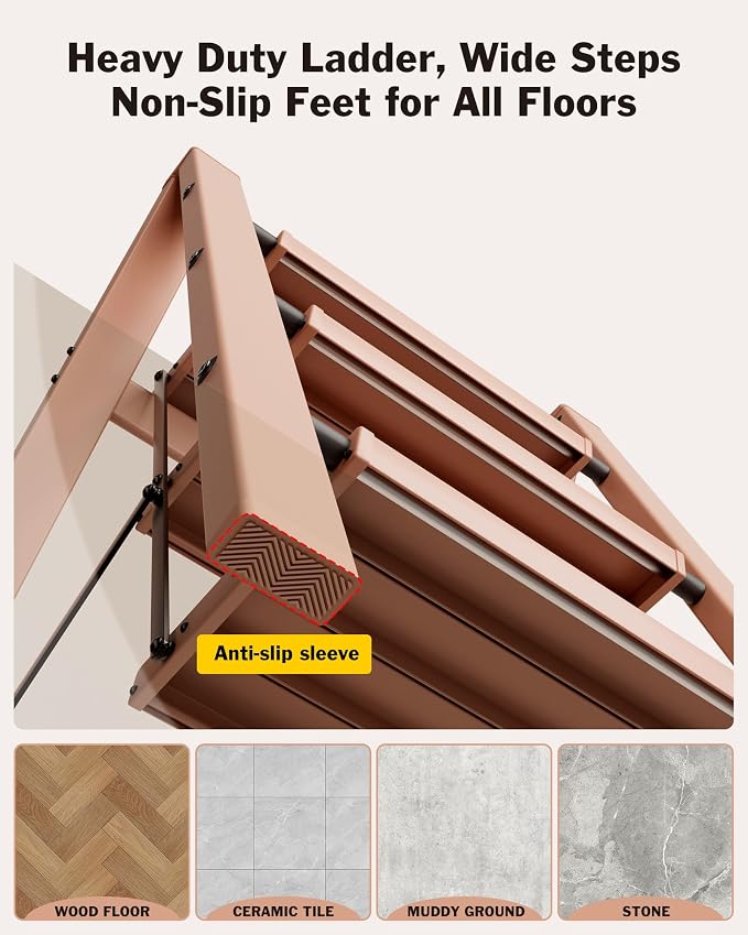 3 Step Ladder, Aluminum Lightweight Folding 3 Step Stool with Anti-Slip Wide Pedal, 330lbs Capacity Ladder for Household,Library,Office(Light Peach Pink)