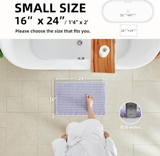 TYUU Waffle Bath Mat, Boho Bathroom Rugs Non Slip Washable Super Absorbent Quick Dry Cute Bath Mat Farmhouse Bathroom Decor, 24''x16'' Lavender Cream