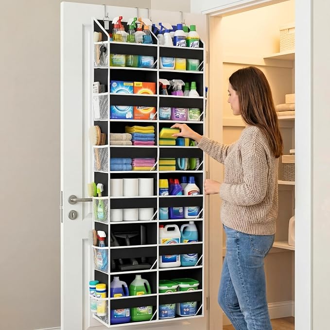 Over The Door Organizer 6 Tiers, Extra Large Behind Door Storage of 12 Compartments, 80 lbs Weight Capacity Hanging Storage Organizer with Clear Window Kids Toys, Shoes, Diapers, Room Storage,Black