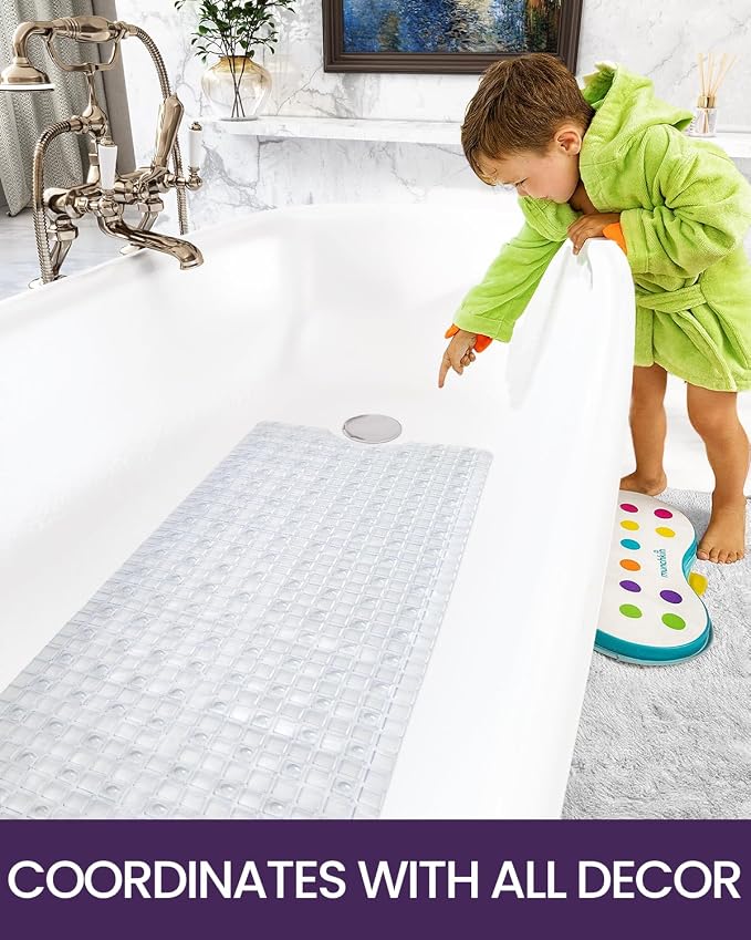 DEXI Bathtub Mat Non Slip, Extra Long 39x16, Suction Cups, Drain Holes, Machine Washable for Tub Shower Floor, Clear