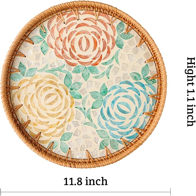 Round Rattan Tray with Mother of Pearl Inlay, Decorative Wicker Serving Tray with Wooden Base, Woven Basket Trays for Bread Fruits Coffee, Peony