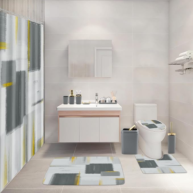 XLHOMO Bathroom Set - Grey and Gold Bathroom Accessories Set, Bathroom Sets with Shower Curtain and Rugs, Grey Shower Curtain Set with Bathroom Trash Can, Soap Dispenser, Soap Dish for Home Decor