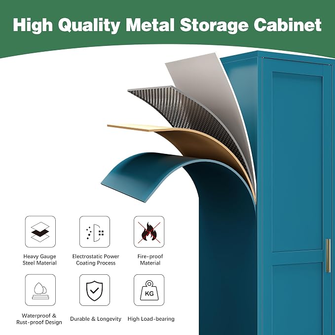 Tall Narrow Kitchen Pantry Cabinet for Small Space, 67" Metal Slim Pantry with Single Door and 4 Adjustable Shelves, Freestanding Skinny Storage Metal Broom Closet for Bathroom, Living Room, Laundry