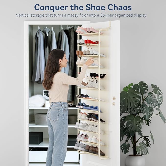 Whitmor 36 Pair Over The Door Shoe Organizer, 12 Tier Hanging Shoe Organizer, Heavy Duty Metal & Mesh Shoe Holder, Hanging Shoe Rack for Closet Organizer & Storage, 74"H x 21.7"W x 7.5"D, Beige