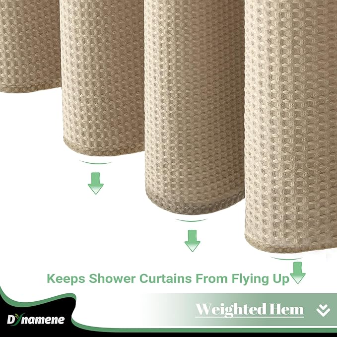 Dynamene Fabric Shower Curtain with Snap in Liner, Beige Waffle Hotel Shower Curtains for Bathroom, Washable Waterproof Cloth Shower Curtain Liner Set with Plastic Hook, Mesh Top Window, 72x72, Beige