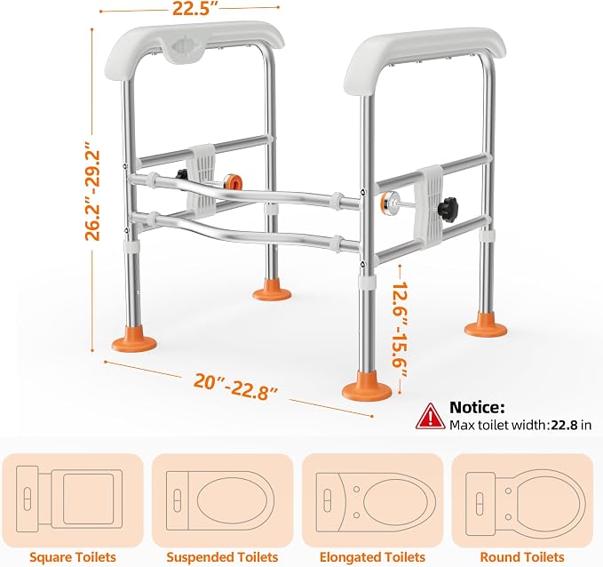 Emergency Alert Toilet Safety Rails for Seniors (665lbs), Adjustable LED Toilet Frame with Call Bell & Handles for Elderly, Foldable Handicap Toilet Aid Support for Most Toilets, Stand Up Assist