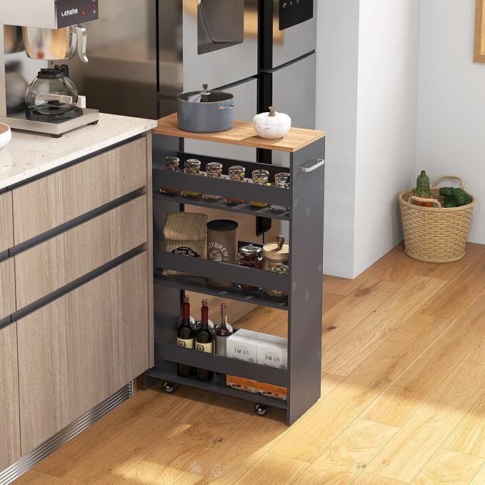 Giantex 4 Tier Rolling Slim Storage Cart, 8" Narrow Slide Out Kitchen Cart w/Handle & Open Shelves, Space-Saving Compact Mobile Utility Trolley for Small Space Laundry Room (Grey & Natural)