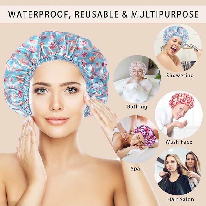 Shower Caps for Women, 4 PCS Elastic and Reusable Bath Caps, Double Layers Shower Cap Reusable Waterproof, Bathing Shower Caps, Environmental Bath Hair Protection Cap - Shell