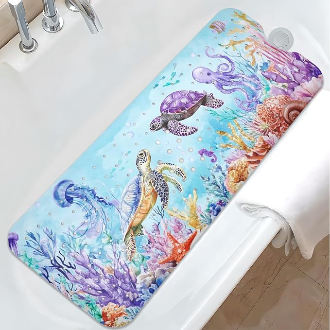 Ocean Animals Bathtub Mat Non Slip, Sea Turtle Baby Bath Mat for Tub Rubber Tub Mat, Cute Toddler Kids Bath Mats for Bathroom Anti Slip Shower Mat with Suction and Drain Holes Machine Washable,40″x16″