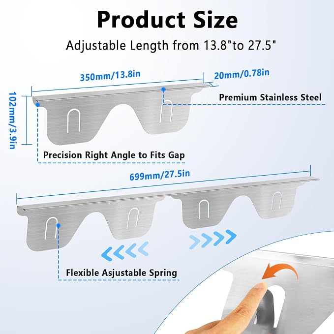 Stove Gap Covers Stainless Steel, 2 Pcs Stove Gap Filler for Counter Side Gap, Retractable Length 13.8" to 27.5"