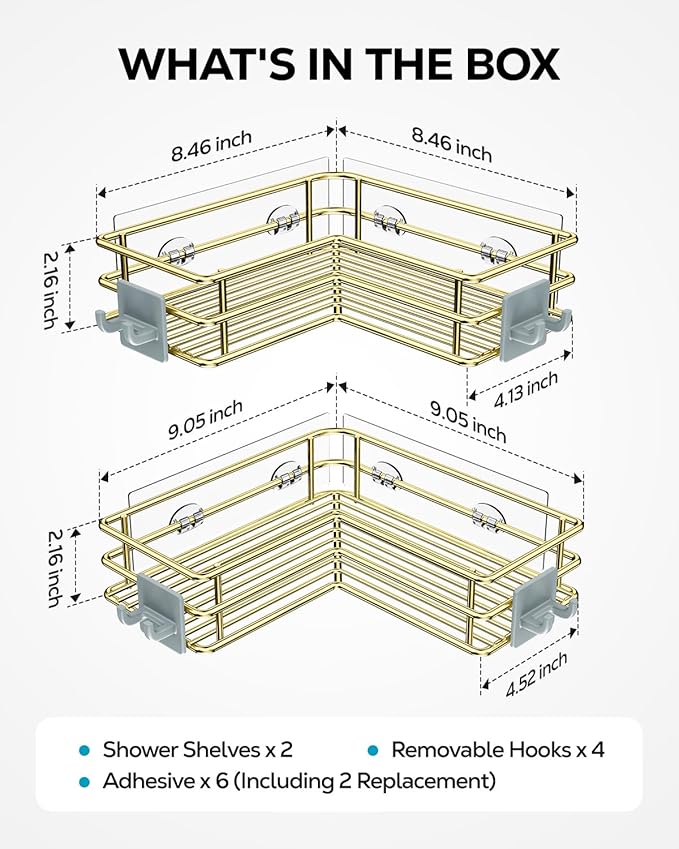 Nieifi Corner Shower Shelves Stainless Steel, Adhesive Shower Caddy Basket Rack with Hooks, Rust Proof for Bathroom Shelf Shampoo Holder (Golden, 2 Pack)