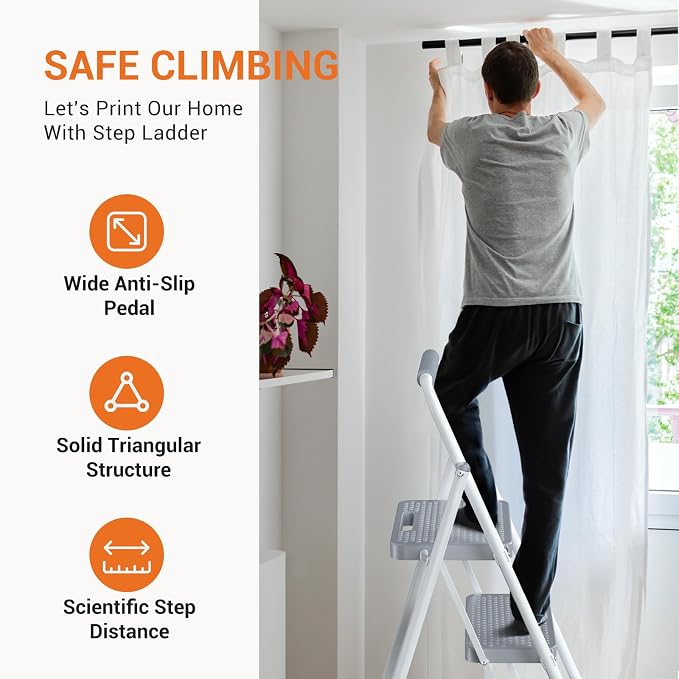Sweetcrispy Folding 2 Step Ladder Stool - Lightweight, 800lbs Sturdy, with Anti-Slip Feet - Perfect for Home, Kitchen, and Office Use, Easy Storage and Portable Design, Grey