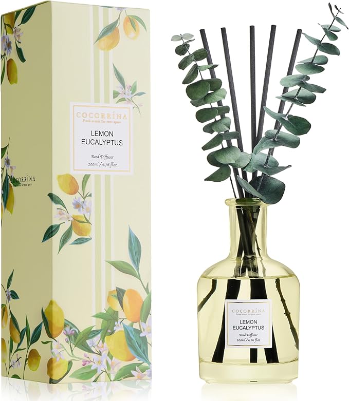 COCORRÍNA Lemon Eucalyptus Reed Diffuser – 6.76 oz Essential Oil with 8 Reeds & Real Eucalyptus Sticks, Home Fragrance for Bedroom or Bathroom Décor