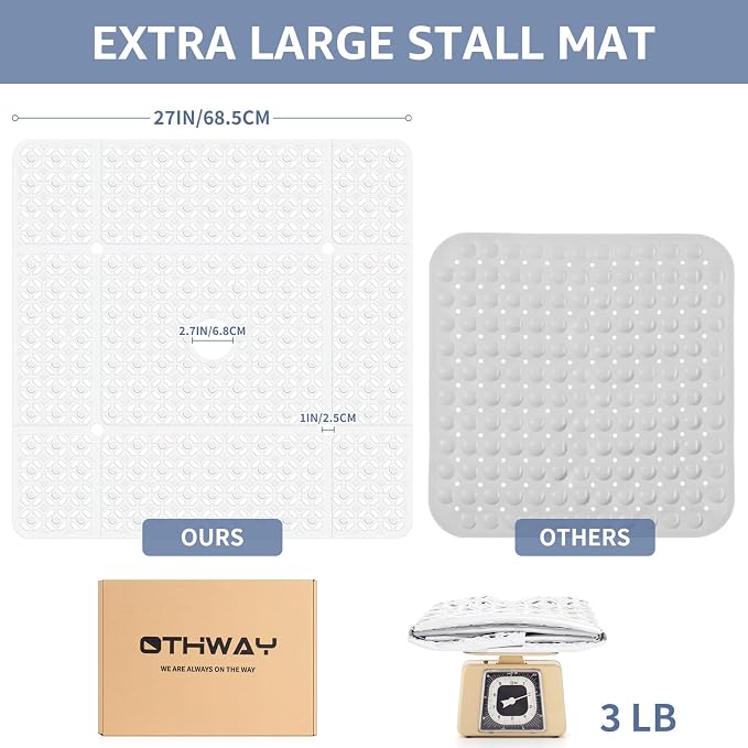 OTHWAY Square Shower Mat, 27"x 27" Extra Large for Inside Shower, TPE Non-Slip Mat With Suction Cups, Drain Holes, Machine Washable Floor Mat (White)