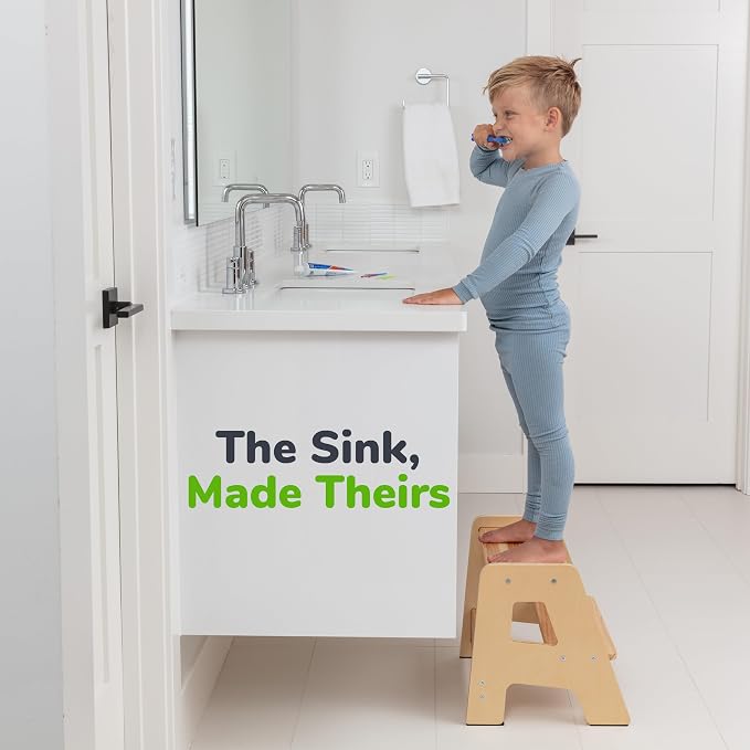 OCODILE 2-Step Wooden Step Stool for Toddlers | Kids Stool for Bathroom Sink & Kitchen Use | Non-Slip Step | Wooden Stool for Children Ages 2+ Years Varnished