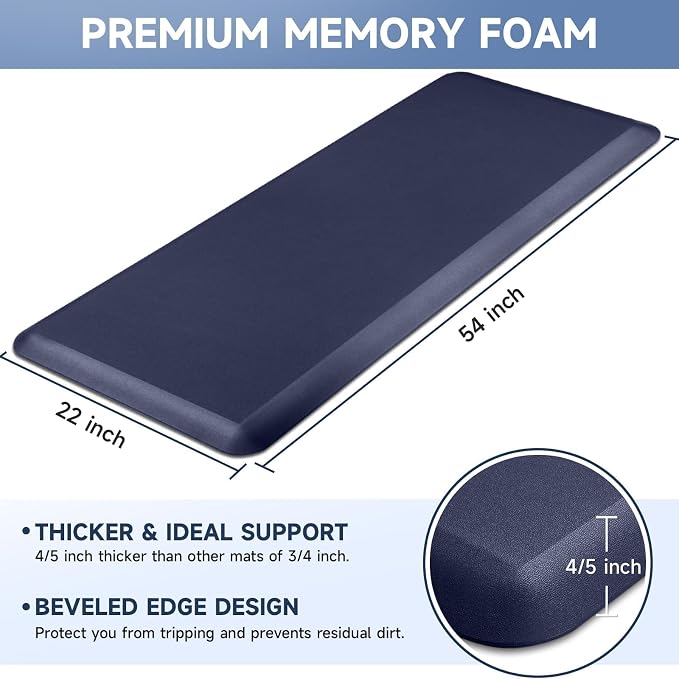 4/5 Inch Thick Kitchen Mats for Floor, StepRite Kitchen Rug for Standing Desk, Non-Slip, Thicker, Stain & Water Resistant, Comfort Anti Fatigue Floor Mat for Home, Kitchen, Office - Blue,54 * 22''