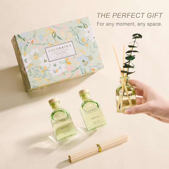 COCORRÍNA Eucalyptus Reed Diffuser Set of 3 - Clean Linen, White Pine, Fig Blossom Scents, 1.7 fl oz Each, Total 5.1 oz, Scented Oil Diffusers for Home & Office