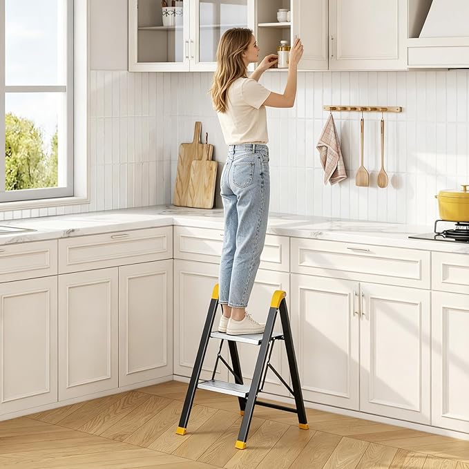 KINGRACK Aluminum Step Ladder, 2 Step Ladder Folding Design, Step Stool Foldable with Safe Grip, Non-Slip Handrails, Safety Lock, Heavy Duty 330LBS for Home, Kitchen, Garage, RV, Black