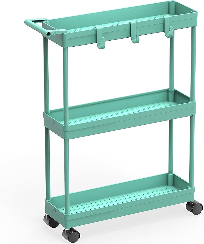 Simple Houseware 3-Tier Slim/Narrow Storage Cart with Handle, 5.5'' Wide x 27.5'' Height Rolling Organizer for Kitchen, Bathroom, Laundry Room - Turquoise