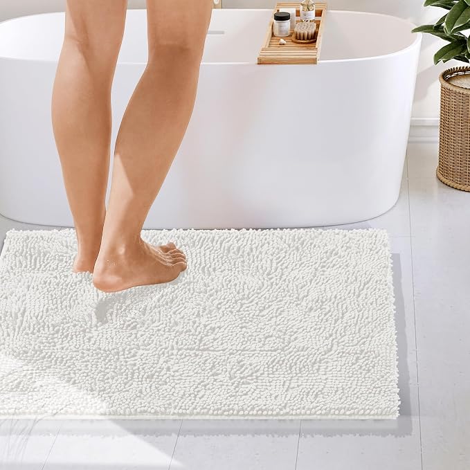 Hearth & Harbor Bathroom Rugs, Chenille Bath Mat - Machine Washable Bath Mats for Bathroom Non-Slip Backing Rubber, Quick Dry Bathroom Mat - White 24x36