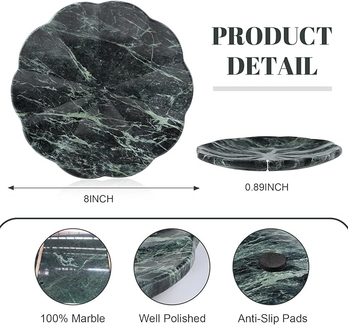 Koville Marble Tray, 8" Round Marble Vanity Tray for Jewelry Trinket Perfume, Natural Stone Tray for Bathroom Kitchen Dresser Countertop, Scalloped Decorative Tray for Home Table Decor(Green)
