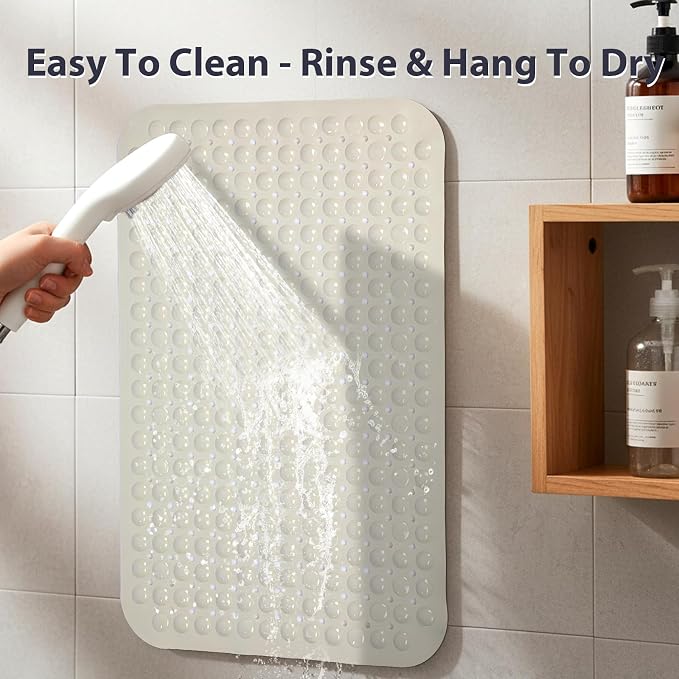 Large Shower Mat 21.5x33.5 Inch Beige, Soft Non Slip Shower Mats for Inside Shower with Big Suction Cups Drain Holes, Extra Large Bath Bathtub Mat Floor Stall Mats, BPA-Free, Easy Clean