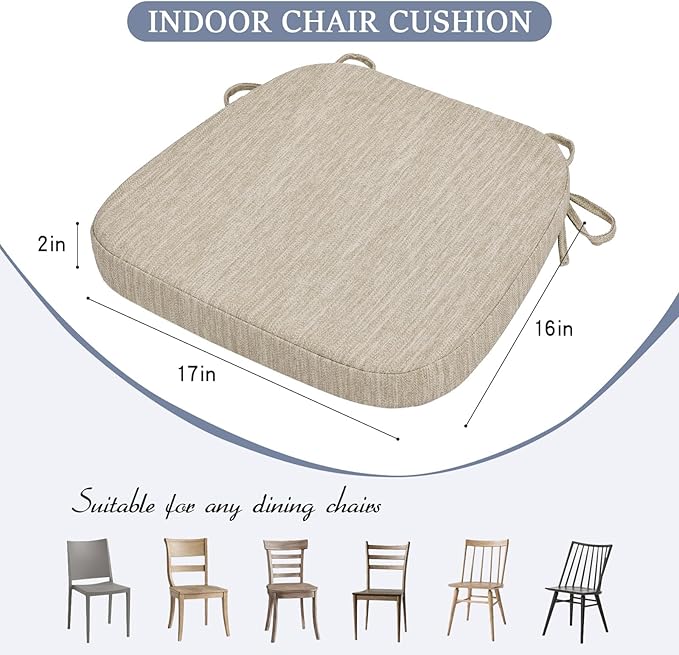 baibu Kitchen Chair Cushions Set of 4, Dual-Layer Patented Design Memory Foam Dining Chair Pads with Ties and Washable Cover, 4 Pack, 17" x 16" x 2", Beige