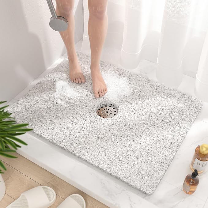 HITSLAM Shower Mat, 32 x 24 Inch Non Slip Bath Mat for Tub, Soft PVC Loofah Bathtub Mats with Drain Holes, Quick Drying Bathroom Stall Floor Mat, Bathroom Accessories Without Suction Cup, White