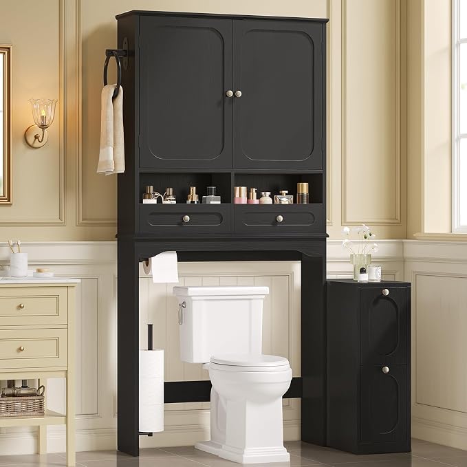 Over the Toilet Storage Cabinet with Mobile Bathroom Storage Cabinet & 3 Adjustable Shelves, Bathroom Storage Cabinet Over Toilet with 4 Section Drawers for Bathroom, Laundry Room, Black