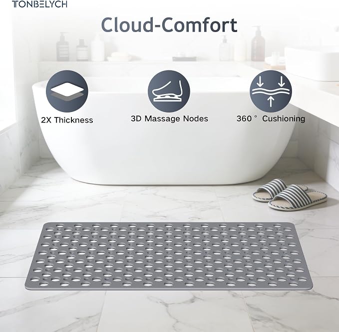 Non Slip Bath Mat for Shower & Bathtub - 30x17 Inch with Strong Suction Cups and Drain Holes, Quick-Dry, Machine Washable Floor Mat for Elderly, Kids & Pets