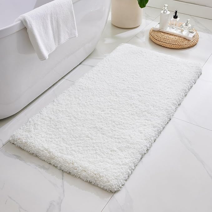 ILANGO White Bathroom Rugs 48" × 24" Non Slip & Super Absorbent Extra Thick Soft, Washable Bath Mat for Floor, Microfiber Plush Shaggy Bath Rug with Rubber for Bathtub Shower Room Sink